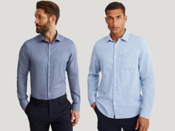 Men’s shirt fit guide: a man wearing a slim fit shirt and a man wearing a casual shirt. Men’s shirt fit guide: a man wearing a slim fit shirt and a man wearing a casual shirt.