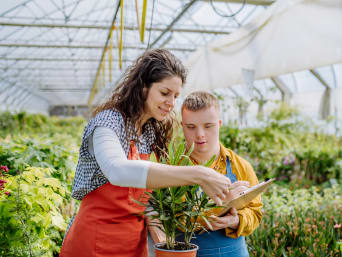 Ausbildung mit Behinderung – Auszubildender prüft den Bestand im Gartencenter.