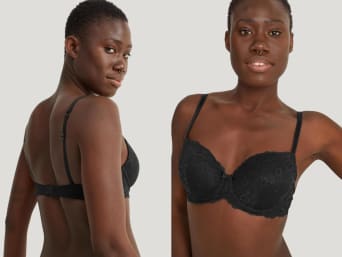 Does your bra fit well? A woman wearing a bra with cups that have a good fit. Does your bra fit well? A woman wearing a bra with cups that have a good fit.
