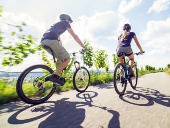 Velowege Zug: Junges Paar fährt mit ihren Mountainbikes an Weinbergen vorbei. Velowege Zug: Junges Paar fährt mit ihren Mountainbikes an Weinbergen vorbei.