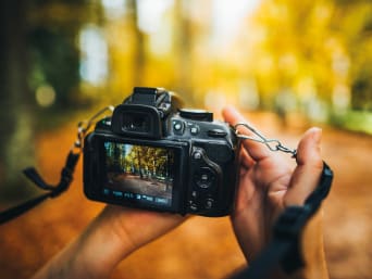 Cameras for beginners – a photographer looking at his subject on the display. Cameras for beginners – a photographer looking at his subject on the display.