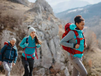 The right clothing for hiking: a group of hikers wearing functional clothing. The right clothing for hiking: a group of hikers wearing functional clothing.