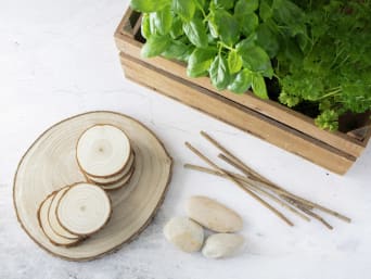 Basteln für den Garten: Naturmaterialien liegen auf Tisch bereit. Basteln für den Garten: Naturmaterialien liegen auf Tisch bereit.