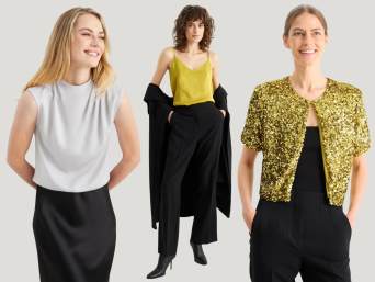 Goldene Hochzeit Outfit: Festliche Kombinationen aus Blusen und Stoffhosen.