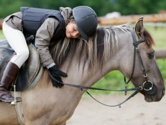 Reitunterricht: Mädchen mit Rückenprotektor und Helm sitzt auf Pferd. Reitunterricht: Mädchen mit Rückenprotektor und Helm sitzt auf Pferd.