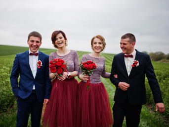 Wedding guest outfits for your closest confidants: bridesmaids and groomsmen wearing matching outfits.  Wedding guest outfits for your closest confidants: bridesmaids and groomsmen wearing matching outfits.
