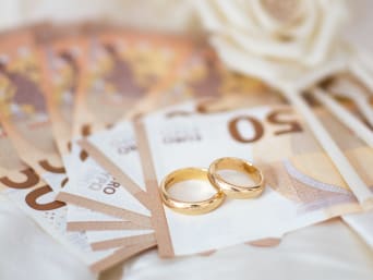 Wat kost een trouwfeest? – Afbeelding met briefjes van 50 euro en trouwringen. Wat kost een trouwfeest? – Afbeelding met briefjes van 50 euro en trouwringen.
