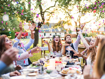 How to plan a wedding: guests celebrating together with the happy couple. How to plan a wedding: guests celebrating together with the happy couple.