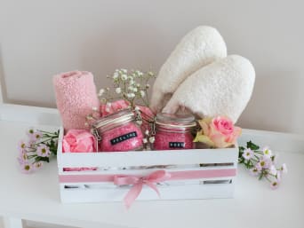 Crafting for Mother's Day – a wellness basket with homemade bath salts and peeling scrub. Crafting for Mother's Day – a wellness basket with homemade bath salts and peeling scrub.
