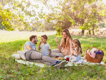 Family outing for Mother's Day: Family has a picnic in the park. Family outing for Mother's Day: Family has a picnic in the park.