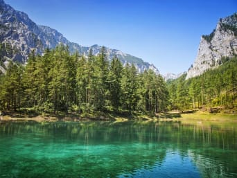 Wandern Steiermark: Grüner See mit Bäumen und Bergen im Hintergrund. Wandern Steiermark: Grüner See mit Bäumen und Bergen im Hintergrund.