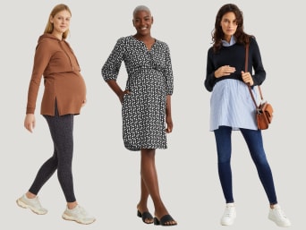 Modern maternity fashion: three pregnant women wearing different trendy outfits. Modern maternity fashion: three pregnant women wearing different trendy outfits.