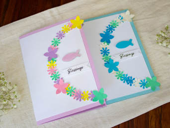 Baptism thank you cards: cards with colourful flowers and a fish symbol. Baptism thank you cards: cards with colourful flowers and a fish symbol.