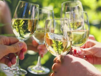 Oberösterreich Wein: Freunde stoßen mit Weißwein an. Oberösterreich Wein: Freunde stoßen mit Weißwein an.