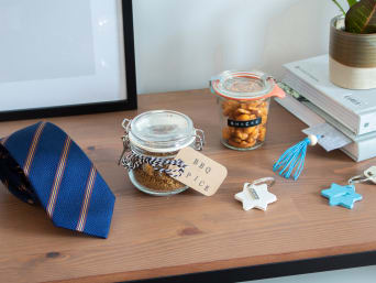 Father's Day craft ideas on a table. Father's Day craft ideas on a table.