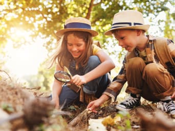 Wald Experiment für Kinder – Kinder untersuchen den Waldboden mit einer Lupe.