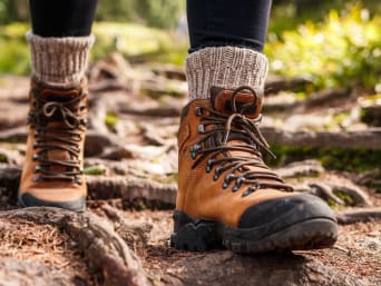 Hiking equipment: close-up photo of walking boots. Hiking equipment: close-up photo of walking boots.
