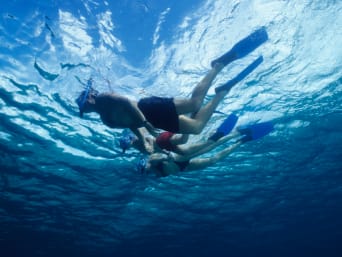 Schnorcheln mit Kindern: Familie schnorchelt zusammen und erkundet die Unterwasserwelt. Schnorcheln mit Kindern: Familie schnorchelt zusammen und erkundet die Unterwasserwelt.