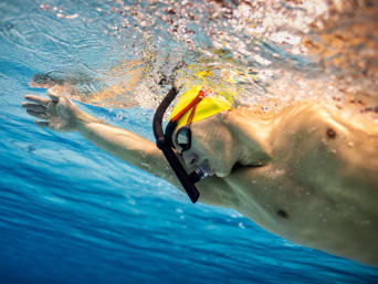 Unterwasserhockey: Profisportler trainiert im Schwimmbecken und arbeitet an seiner Technik. Unterwasserhockey: Profisportler trainiert im Schwimmbecken und arbeitet an seiner Technik.