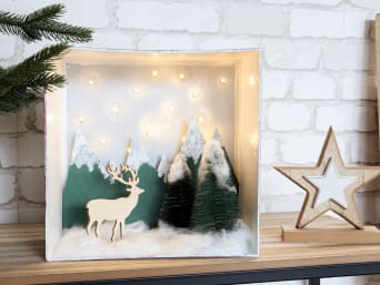 Christmas crafting with kids: a winter landscape with starry sky and snow-covered trees in a cardboard box. Christmas crafting with kids: a winter landscape with starry sky and snow-covered trees in a cardboard box.