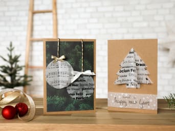 Handmade Christmas cards with Christmas balls or Christmas tree as a 3D design. Handmade Christmas cards with Christmas balls or Christmas tree as a 3D design.