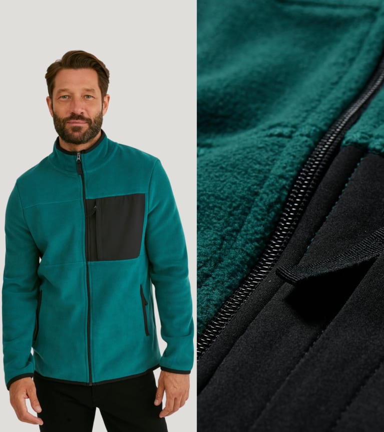 Layering functional clothing: a man wearing a fleece jacket as an insulating layer.