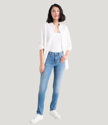 Types of jeans for women: a mid rise jeans waistband.