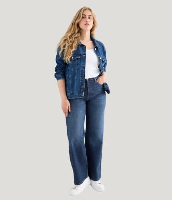 Who should wear wide leg jeans – a woman wearing a pair of wide leg jeans.