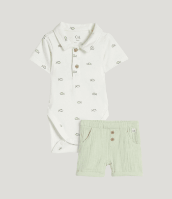 Boys’ christening outfits: a bodysuit and shorts.
