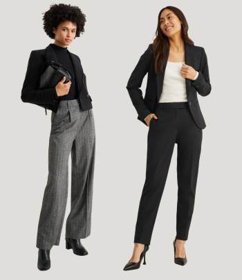 Outfits with pants: smart office outfits with slim-fit and wide-leg trousers.