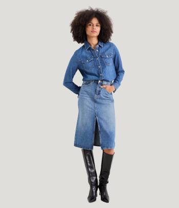 What to wear with a jeans skirt: a trendy denim skirt outfit.