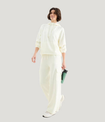 A white outfit in athleisure style.