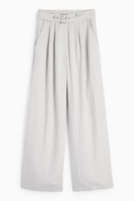 Pantaloni de stofă cu curea - talie înaltă - wide leg - dungi fine