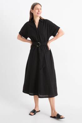 Shirt dress with belt - broderie anglaise