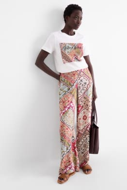 Pantaloni de stofă - talie medie - wide leg - cu flori
