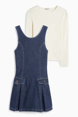 Set - tricou cu mânecă lungă și rochie din denim - 2 piese