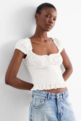 Top crop - broderie englezească - cu fronseuri
