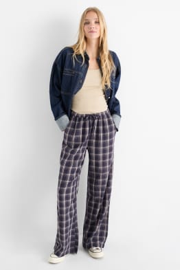 Pantaloni de stofă - talie medie - wide leg - în carouri