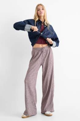 Pantaloni din jerseu - talie medie - wide leg - în carouri