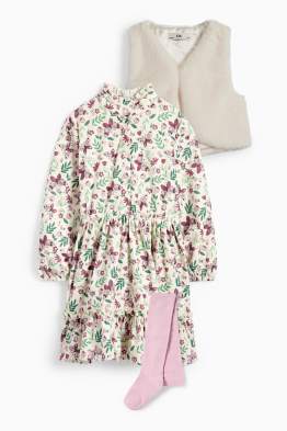 Set - rochie, vestă din blană artificială și dresuri - 3 piese