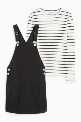 Set - tricou cu mânecă lungă și rochie-salopetă din denim - 2 piese
