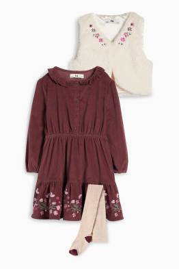Floare - set - rochie din catifea reiată, vestă din blană artificială și dresuri