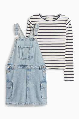 Set - tricou cu mânecă lungă și rochie-salopetă din denim - 2 piese