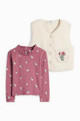 Floare - set - tricou cu mânecă lungă și vestă de pluș - 2 piese