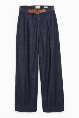 Wide leg jeans cu curea - talie medie