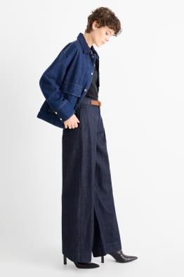Wide leg jeans cu curea - talie medie