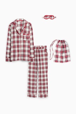 Set - pijama din flanel, mască de dormit și săculeț de pânză, cu motive de Crăciun