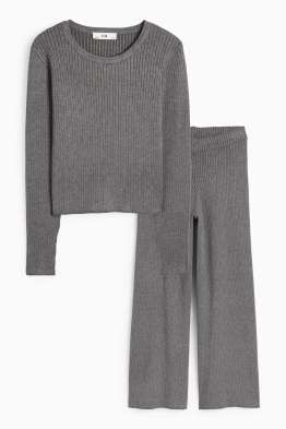 Set - tricou cu mânecă lungă și pantaloni din jerseu - reiați - 2 piese