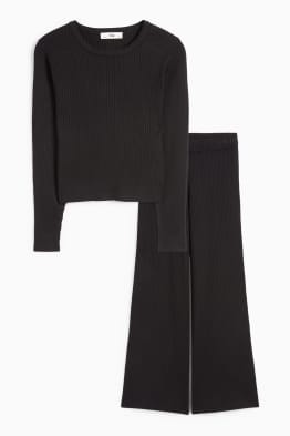 Set - tricou cu mânecă lungă și pantaloni din jerseu - reiați - 2 piese
