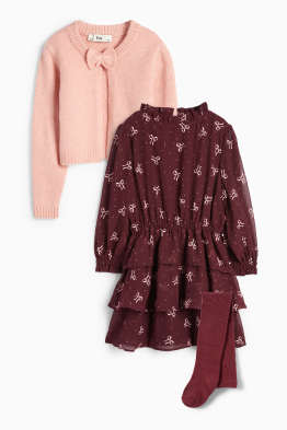 Fundă - set - rochie, cardigan tricotat și dresuri